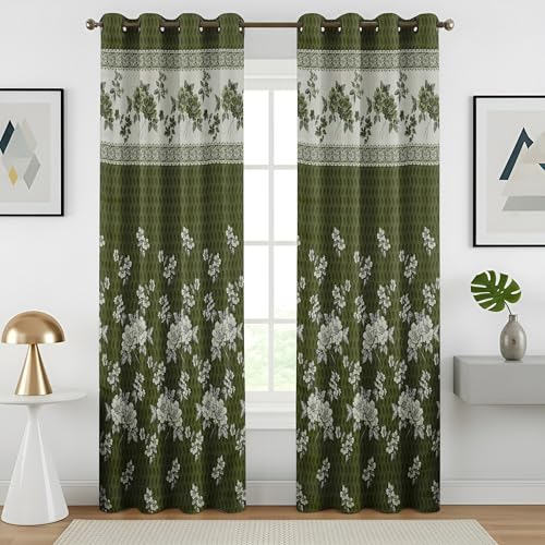 Homefab India Jacquard Jute Curtains Room Darkening - Door 7 feet, Pack of 2 Curtain, Green Floral