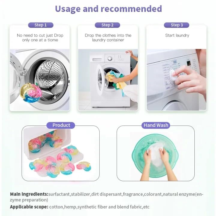 YEIPIS 4 in 1 laundry pods for washing machine suitable for Front/Top Load Semi-automatic Detergent pods for washing machine Super Laundry Cleaning Portable Tablets, Odor, Stain Remover (50) 2