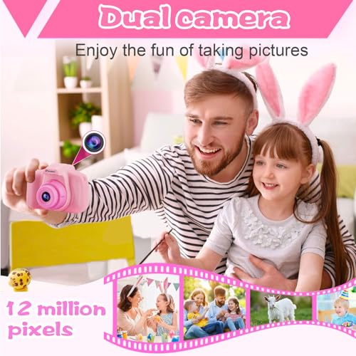PROGRACE Kids Camera Girls Gift - Camera for Kids Dual Selfie Children Cameras Age 3 4 5 6 7 8 9 Year Old Kid Digital Cameras Toys for Kid Birthday Gift for Girls Toddlers Video Cámara Pink