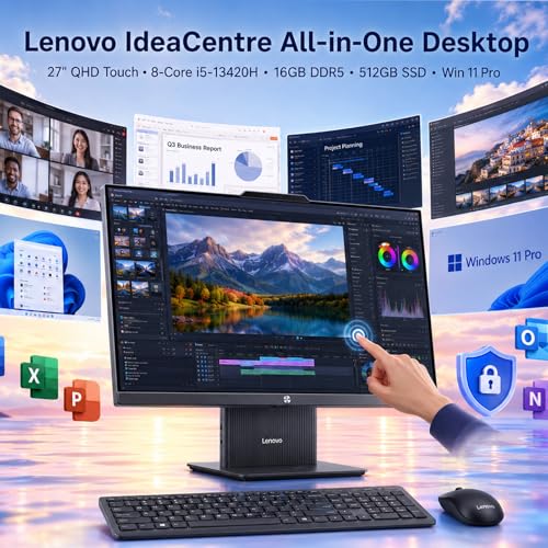 Image of Lenovo IdeaCentre All in One Desktop, 27 inch QHD 2.5K+ 100Hz Touchscreen All-in-One Desktop, Intel 8-Core i5-13420H, 16GB DDR5, 512GB SSD, Webcam, Wireless Keyboard & Mouse, Win 11 Pro