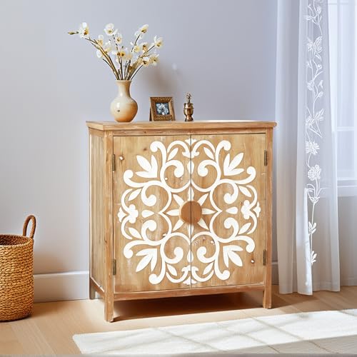 Image of Small Entryway Cabinet with Storage - Farmhouse Cabinet for Living Room, Decorative Storage Cabinet with Floral Carvings, Antique Brown & White Accent Cabinets