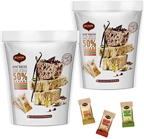 Achva Kosher Vanilla, Cocoa Beans, and Pistachio Mini Halva Bars Snack Bag 18ct. Each Bar 0.4oz Net Wt 7.6oz (Pack of 2) | Vegan | Kosher | Individually Wrapped