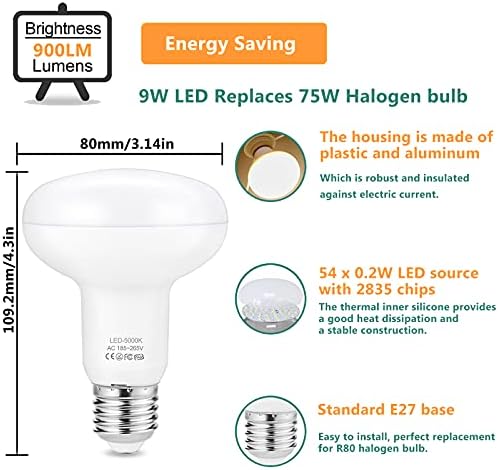 YMAM.LIGHT R80 LED Spotlight Bulbs - E27 Screw 9W Dimmable Bulb 75W Lightbulb Equivakent, E27 ES Screw Reflector Daylight Bulb 5000K 900LM Energy Saving Pack of 4