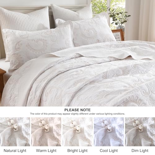 Oversized King Bedspread 120x120, Damask Scrolls Embroidery, Beige/White - image 7