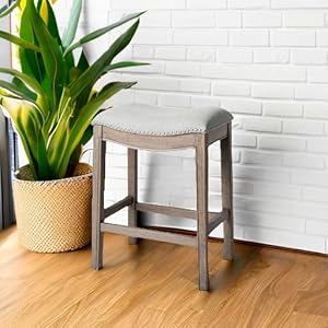 Maven Lane Adrien 26 Inch Counter Height Upholstered Backless Saddle Barstool in Reclaimed Oak Finish with Ash Grey Fabric Cushion Seat Maven Lane Adrien 26 Inch Counter Height Upholstered Backless Saddle Barstool in Reclaimed Oak Finish with Ash Grey Fabric Cushion Seat