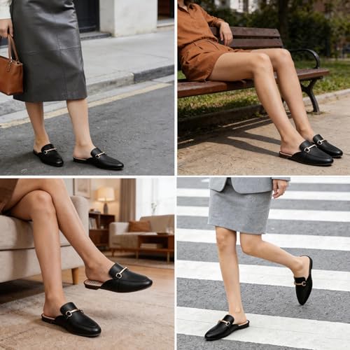 Image of MUSSHOE Gold Buckle Mules for Women - Comfortable Memory Foam Loafers, Classy Slip On Flats for Office Business Casual, Dressy Pointed Toe Shoes