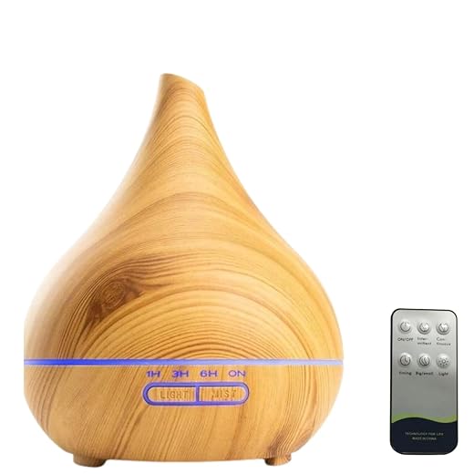 Umidificador Ar Ultrassônico 400ml, Difusor Óleos Essenciais, Aromatizador, Purificador de Ar Com Led 7 Cores, Com Controle Remoto, Temporizador De Até 8hrs, Desligamento Automático (Madeira Clara)