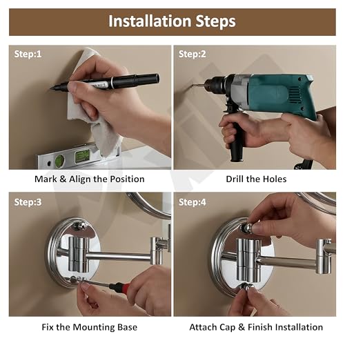 Image of Magnifying Mirror for Bathroom | 5X & 1X Double Sided Makeup Mirror | Wall Mounted Mirror with 360 Rotation for Shaving & Makeup (Chrome)