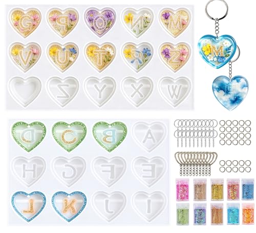GEOCCI Keychain Resin Molds 27 Cavities Heart-Shaped Alphabet Resin Mold Kit for Keychain Pet Tag Crafts MakingSilicone Products with Holes