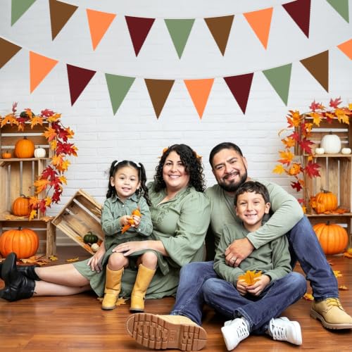 Image of 40Ft Burgundy Sage Green Brown Orange Fabric Bunting Banner Pennant Hanging Party Decorations Cotton Triangle Flag Garland for Retro Autumn Thanksgiving Fall Harvest Pumpkin Birthday Baby Shower Decor