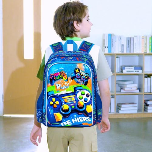 Image of 16 inch Gamer Backpack for Boy, 3Pcs Gaming Kids Bookbag for Elementary Preschool Kindergarten, School Backpacks with Lunch Box(Blue)