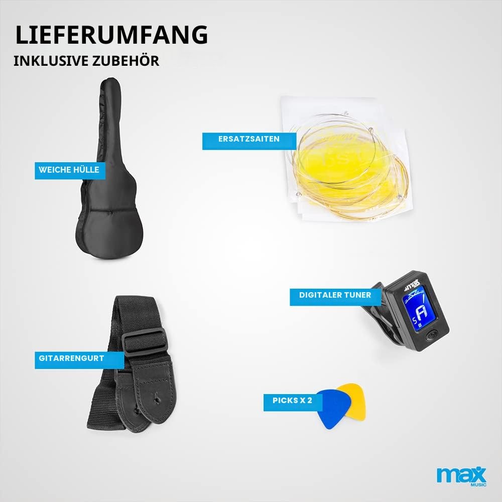 MAX SoloJam Westerngitarre, Akustik Gitarre Set, Acoustic Guitar, Akustikgitarre 4/4 mit Tasche, Plektrum, Stimmgerät, Schultergurt und Stahlsaiten, Anfängergitarre in Schwarz