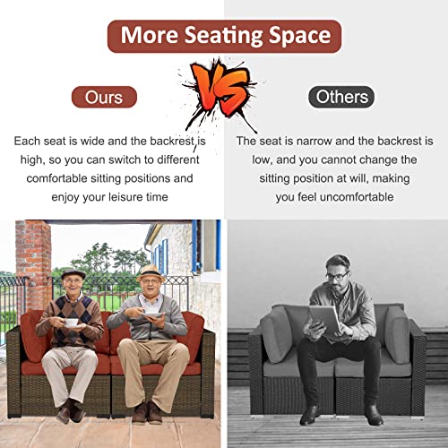 7 Pieces Outdoor Patio Sectional Sofa Set,Brown Wicker Furniture Set, Washable Seat Cushions With Zippers And Tempered Glass Table, Maple Red Cushion #TOP2