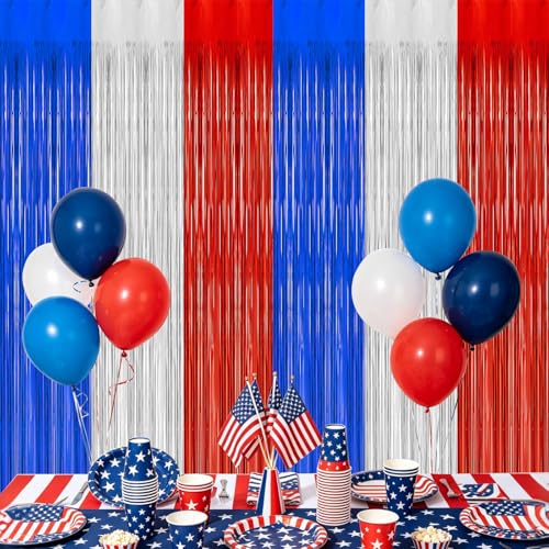 2 Pack Blue Red Silver Foil Fringe Backdrop Curtains 4th of July Decorations Fringe Backdrop Tinsel Streamers Party Decorations for Independence Day Home Party Decoration