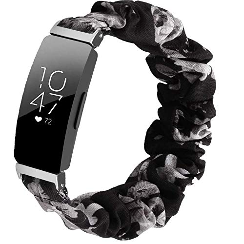 Miimall Compatible Fitbit Inspire/Inspire 2/Inspire HR Band Women Girls Elastic Pattern Scrunchies Bands Straps for Fitbit Inspire/Inspire 2/Inspire HR(Black Flower)