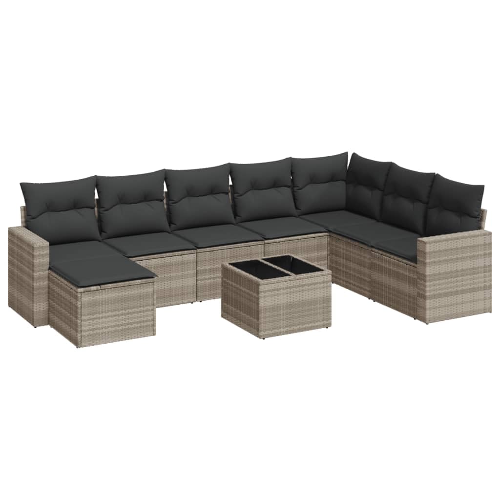 Juego de sofás de jardín de ratán sintético con cojines de color gris claro, fundas extraíbles y compartimento de almacenamiento impermeable debajo del asiento, incluye mesa de cristal para