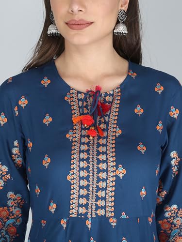 Image of Aj Art Anarkali Kurti for Women and Girls Floral Golden Print Regular Slim Fit Rayon Blue (Set of 1)