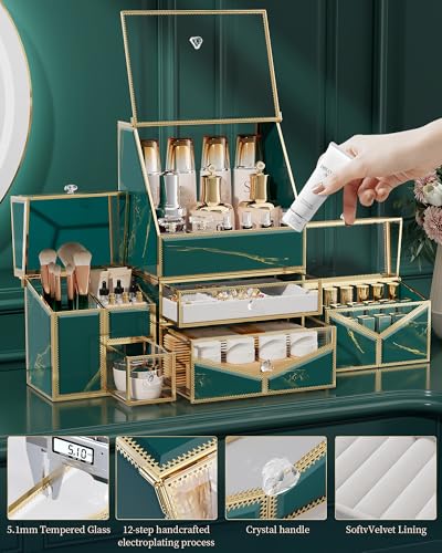 Extra Large Makeup Organizer, Glass Cosmetic Storage with Drawers, Stackable Makeup and Jewelry Organizer for Vanity Table, Bathroom Countertop, Skincare, Lipsticks, Perfume, Brushes