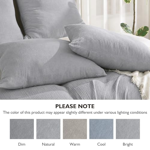 Image of EMME Cotton Muslin Duvet Cover Set Twin Size Linen Like Soft Breathable Lightweight Summer Comforter Cover Set with Zipper Closure (Light Grey&White, Twin, 68 inchx90 inch)
