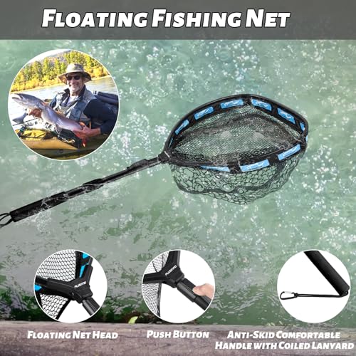 Image of PLUSINNO Fishing Net Fish Floating Landing Net, Kayak Nets with Fixed Foldable Telescopic Pole Handle, Bass Trout Fishing Nets with Nylon Mesh for Pond Lake River, Fishing Gear Gifts for Men Anglers