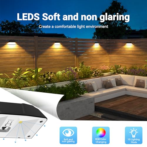 Image of Solar Fence Lights Outdoor, RGB Changing Solar Lights for Fence | 10 Color Modes, Ip65 Waterproof, Auto On /Off, Solar Powered Outdoor Lights for Garden, Patio, Pool, Deck, Holiday Decor(12p)