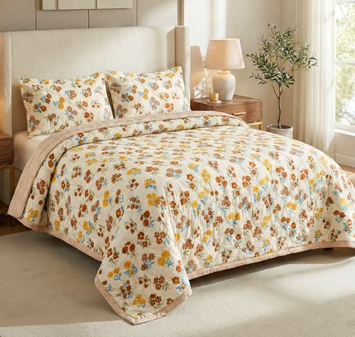 Image of BSB Home Cotton All-Weather Embroidered Ultrasonic Quilted Thread Free 3 Pcs Comforter Set with Pillow Shams- Light Weight Bedspread /Duvet /Quilt - Double, 150 GSM | Almond and Rust