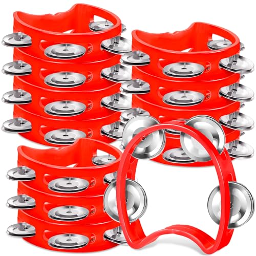 Lukmaa 12 Pcs Plastic Percussion Tambourine with 4 Bells Rhythm Musical Instruments for Adults Hand Tambourine Hand Held Percussion Drum for Party Kindergarten Family School Supplies (Red)