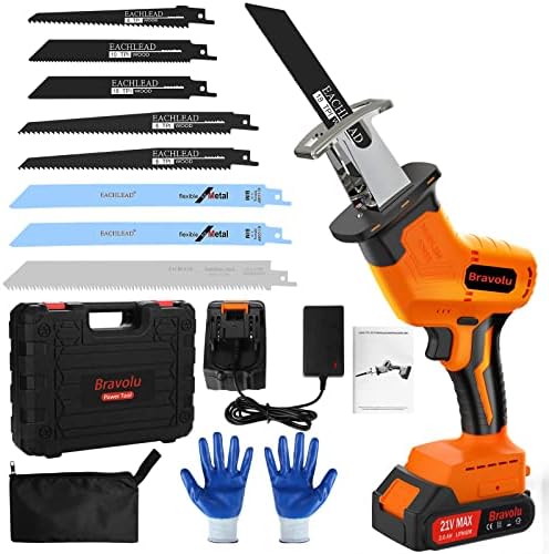 Reciprocating Saw, Bravolu 21V Cordless Brushless Reciprocating Saw with 2.0AH Battery and 8 Saw Blades, 0-3500SPM Variable Speed Electric Saw, 22mm Stroke Length, Fast Charger