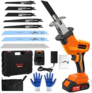 Reciprocating Saw, Bravolu 21V Cordless Brushless Reciprocating Saw with 2.0AH Battery and 8 Saw Blades, 0-3500SPM Variable Speed Electric Saw, 22mm Stroke Length, Fast Charger