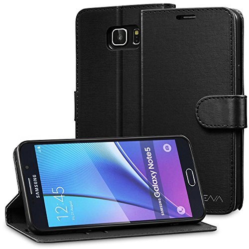 VENA Galaxy Note 5 Leather Wallet Case [vSuit] Draw Bench PU Leather Wallet Flip Cover with Stand and Card Slots for Samsung Galaxy Note 5 (Black)