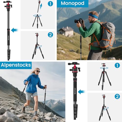 Image of Camera Tripod, Lightweight Travel Outdoor DSLR Tripods Aluminum Tripod /Monopod, 360Ball Head Detachable, Tripod for iPhone, ipad, DSLR,Tablet with Carry Bag