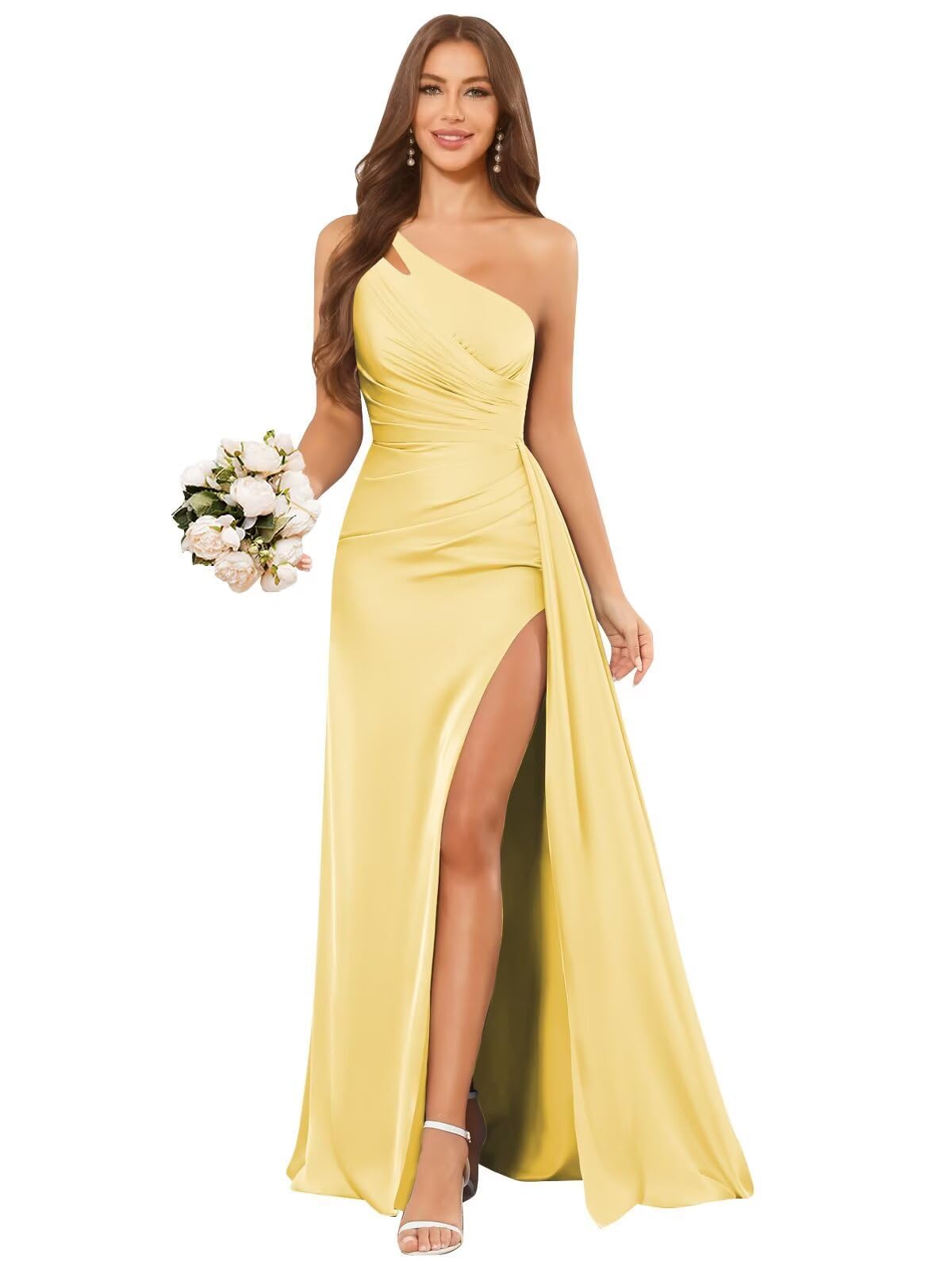 Damen Eine Schulter Satin Brautjungfernkleider Lang - Abendkleider Elegant Ballkleider Für Hochzeit Mit Schlitz