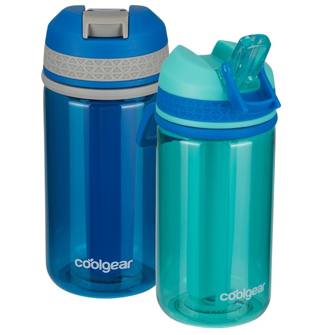 COOL GEAR 2-Pack 18 oz System Leakproof Water Bottle, Textured Silicone Band with Sipper Lid (Blue/Teal)