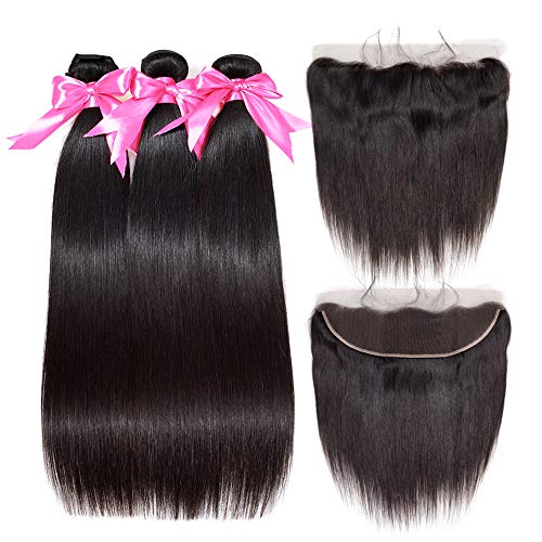 2021Mironica Brazilian 8A Grade Straight Virgin Human Hair 3 Bundles 18 20 22 with 16 Inch Frontal 13x4 Unprocessed 100 % Natural Human Hair Weft Extensions Straight Weave with Closure Black Color
