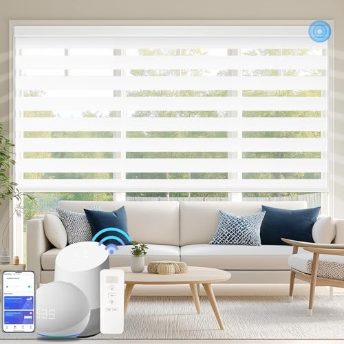 Image of Motorized Zebra Blinds Custom Size Smart Dual Layer Shades for Windows with Remote | Assembled in USA | Electric Day and Night Privacy Light Filtering Rechargeable Quiet Motor Window Shades