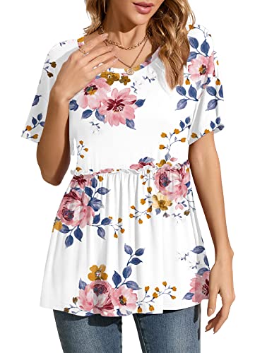 Anyproud Women's Short Sleeves Summer Tops Round Neck Shirts Cute Babydoll Style Tunics(B-White Floral, X-Large) #TOP4