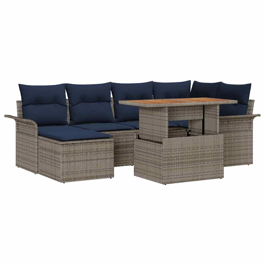Set di mobili da giardino con vano portaoggetti, divano in polyrattan, 7 pezzi, grigio | Set da salotto modulare per terrazza e giardino con pratici scomparti e comodi cuscini in blu navy.