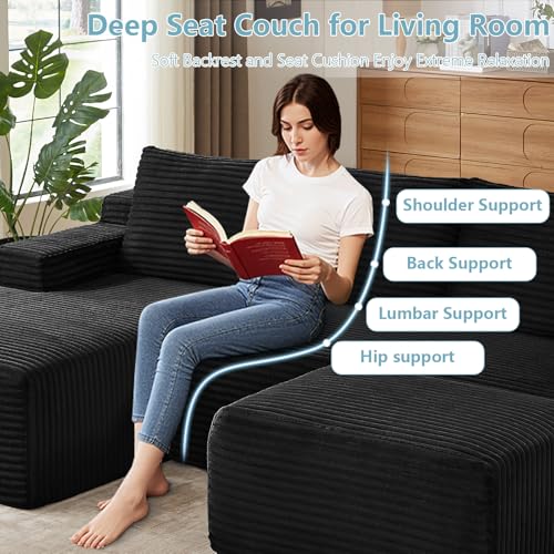 Image of 96 inch Boneless Cloud Couch Sectional Couches Sofa for Living Room | Modular U-Shaped Couch, Comfy Modern Corduroy Memory Foam Sofas with Ottoman, Oversized Chaise (Black, Left-Facing Chaise)