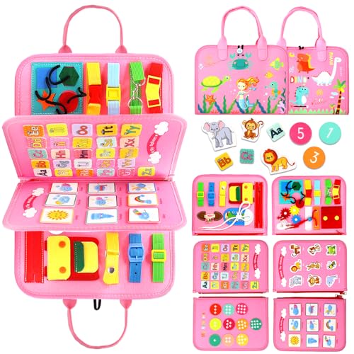 Image of Qizfun Busy Board Montessori Toy for Toddlers, Educational Sensory Learning Toy for Fine Motor Skills, Preschool Travel Toy for Airplane & Car, Gifts for Boys and Girls (Pink/P4)