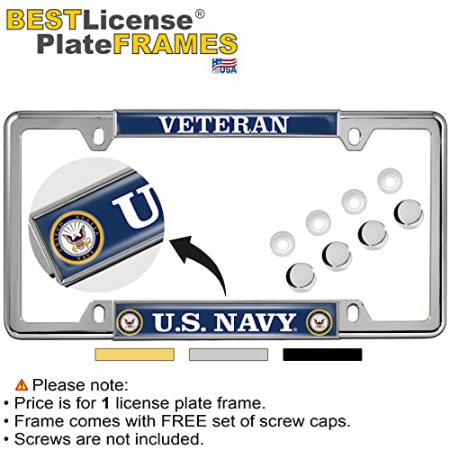 [Officially Licensed Product] - U.s. Navy Veteran With Eagle, Anchor Logo - Domed Custom-Made Personalized Narrow (Thin) Top 4 Hole Metal Car License Plate Frame With Free Caps - Chrome (Qty:1 Frame) #TOP1