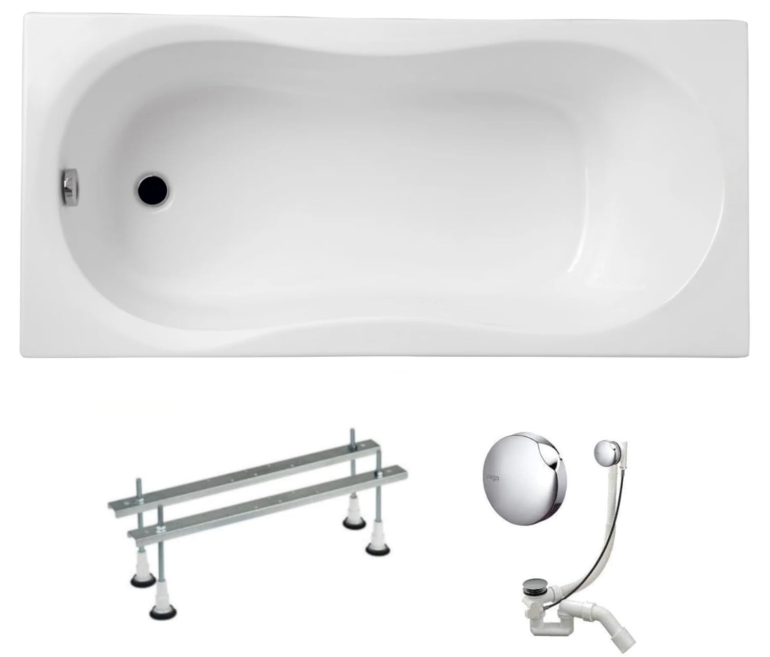 VBChome Bañera de 140 x 70 cm, color blanco, acrílico, patas para bañera, sifón rectangular, diseño moderno, desagüe en cromo y patas de bañera