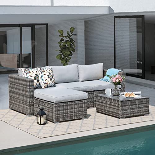 Super Patio Outdoor Patio Furniture Set, 5 Piece PE Wicker Rattan Outdoor Sectional, All-Weather Patio Conversation Set with Gray Cushions and Coffee Table, Steel Frame