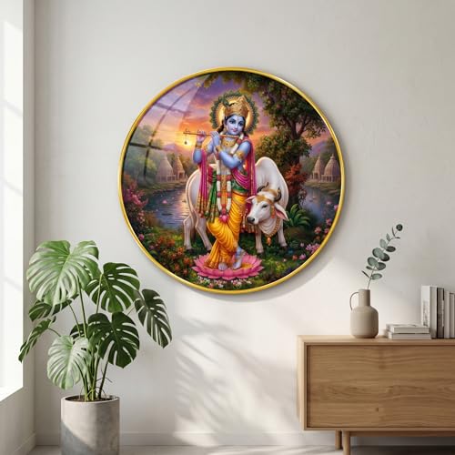 Image of SAF Lord Krishna with Cow Wall Art with PVC Round Frame | Sparkle Laminated Flute Krishna Divine Painting | Spiritual Wall Decor for Home Temple Living Room Office Gift Item