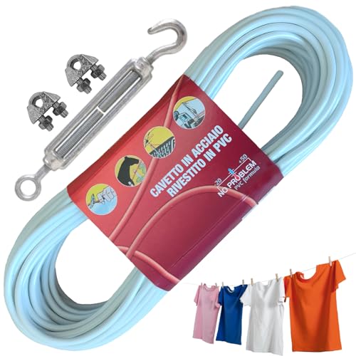 parpyon® Fil pour étendre le linge d'extérieur 20 m x d.4,5 mm résistant fil à linge pour extérieur, fabriqué en Italie, câble en acier revêtu...