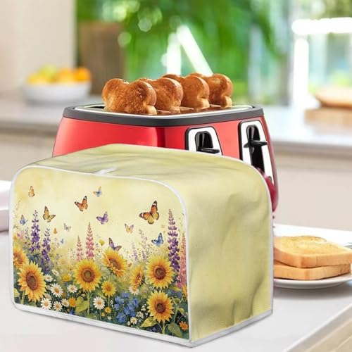 Image of Talayituse Sunflower Flower Butterfly Print Toaster Cover 2 Slice Wide Slot, Lightweight Bread Maker Cover Dust Protection Washable Appliance Bag, S