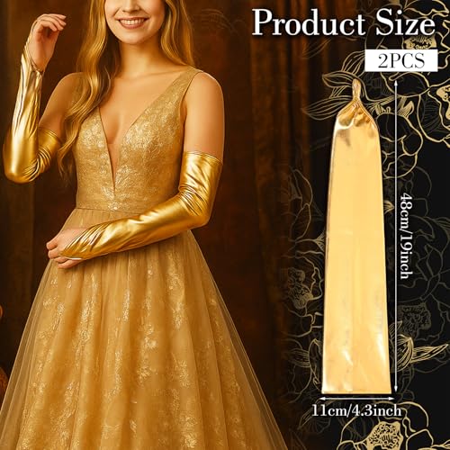 Long Fingerless Gloves, Shiny Gold Gloves Long Elastic Glove Metalic Satin Glovess Opera Elbow Length Glovess Party Rave Costume Glove for Women and Girl3