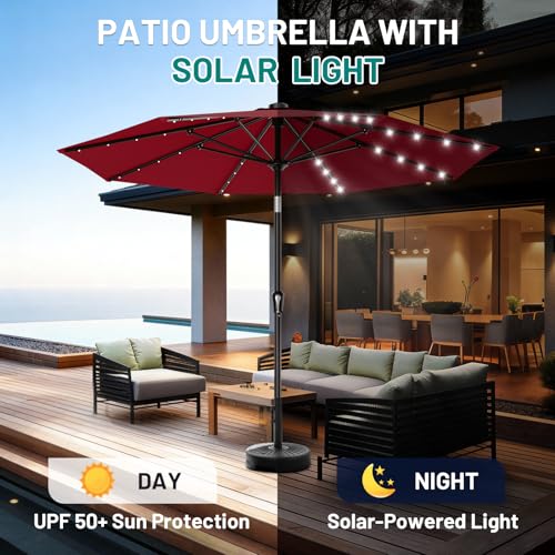 Image of AreShark 9FT Patio Umbrella with Solar Lights, 32 Lighted Pool Umbrella w /Tilt and Crank, Outdoor Market Solar Umbrellas for Garden, Deck, Backyard, Pool and Beach, Dark Red