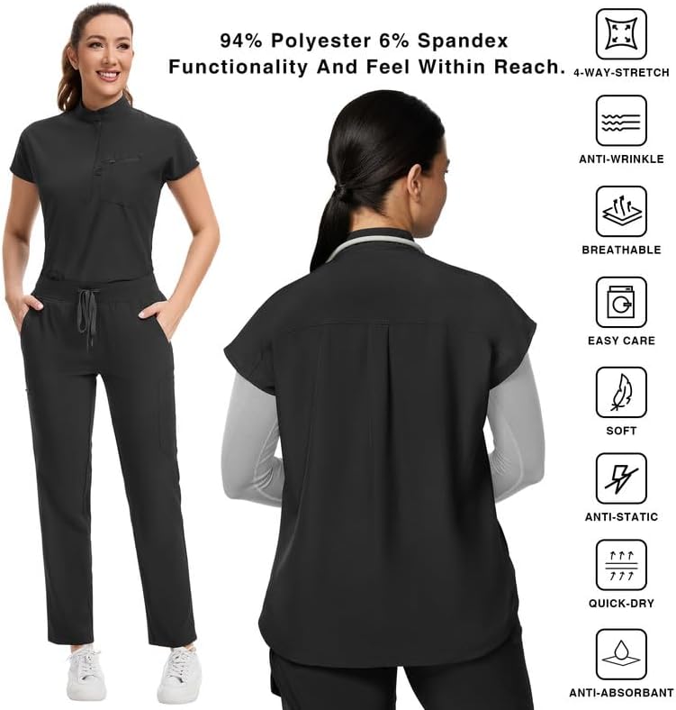 Kitmaz Women's Scrub Set - Convertible Mandarin/V-Neck Top & Straight Pants, 13 Pockets, Wrinkle & Splash Resistant Fabric - Image 5