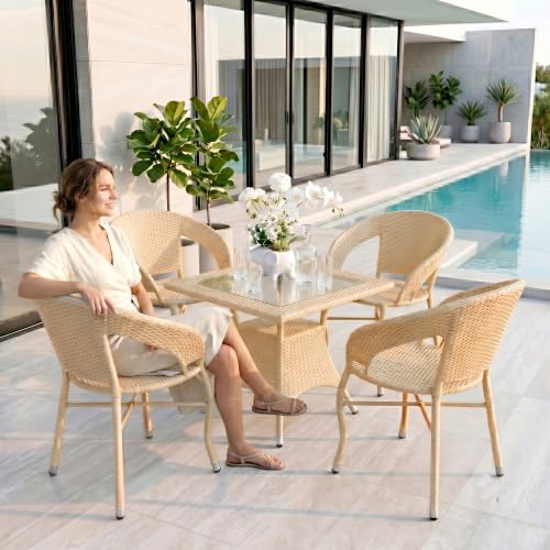 Image of BRISHI 5-Piece Outdoor Rattan Wicker Patio Square Coffee Table Set | Garden Furniture for Balcony, Terrace, Poolside & Porch | Waterproof Bistro Sets for Home & Backyard (Cream)