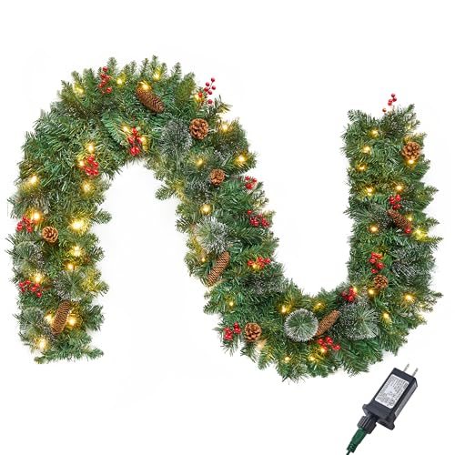 Joiedomi 9FT Christmas Garland Prelit with 50 Count String Lights, Bristle, Pine Cones, Holly Berries for Outdoor & Indoor Winter Christmas and Holidays Decorations, Plug in Lighted Pine Garland